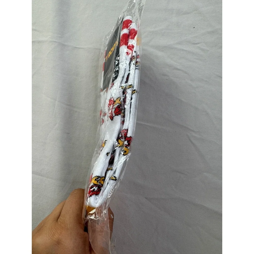 Torchy's Tacos Red Devil Mascot Crew Socks White Yellow Red Stripe New NIP‎
